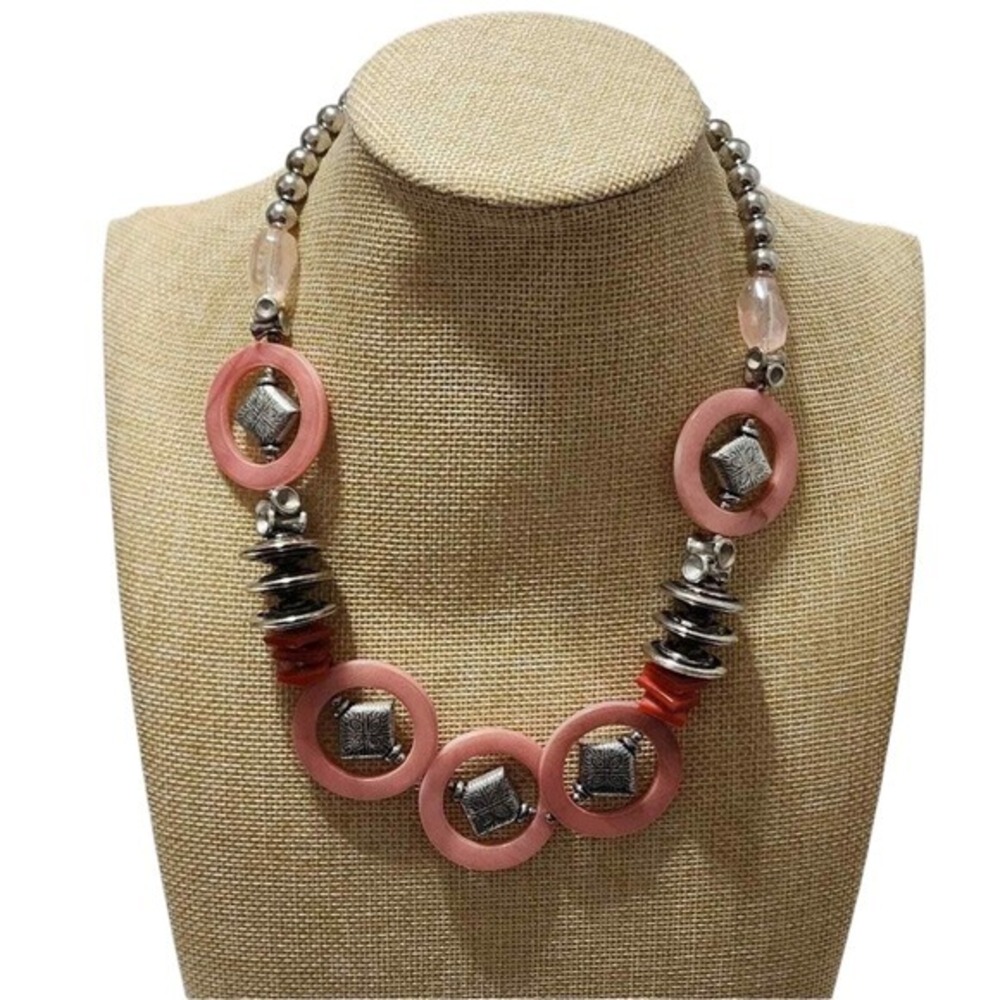 Aris by Treska Pink Silver Beaded Statement Necklace Geometric Chunky‎ NWT 19 In
